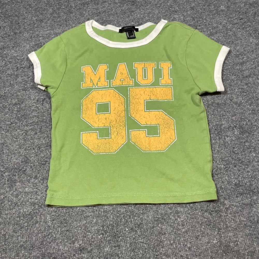 FOREVER 21 Graphic Baby Tee Y2k 95 Green MAUI Ringer T Shirt Size S Hawaiian